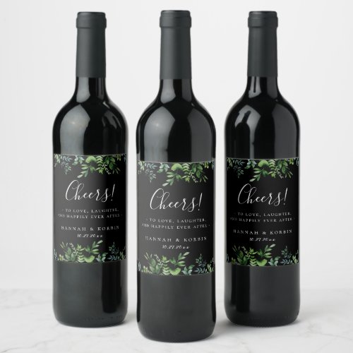 Botanical Greenery Frame Black Wedding Wine Label