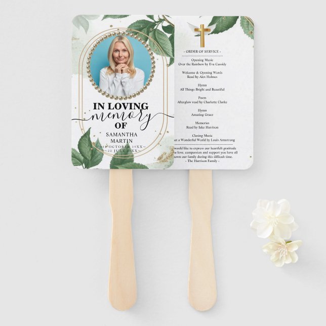 Botanical Greenery Funeral Celebration of Life Hand Fan (Front and Back)