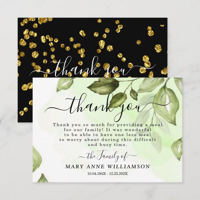 Botanical Greenery Funeral Food Thank You Card (Front/Back)