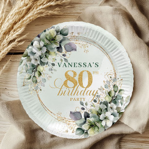 Botanical Greenery Gold 80th Birthday Party Plates