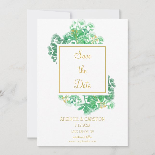Botanical Greenery Gold Accents Wedding Save The Date (Front)