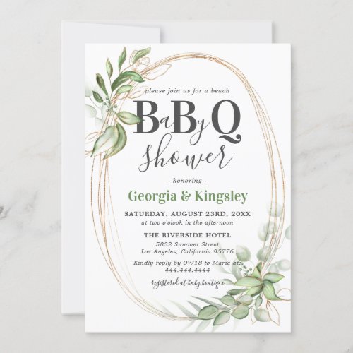 Botanical Greenery Gold BBQ Baby Shower Invitation - Elegant botanical greenery barbecue baby shower invitation featuring a stylish white background that can be changed to any color, a rustic faux gold frame, beautiful watercolor green foliage, gold glitter accents, and a couples baby shower celebration template that is easy to personalize.