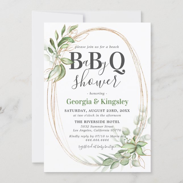 Botanical Greenery Gold BBQ Baby Shower Invitation (Front)
