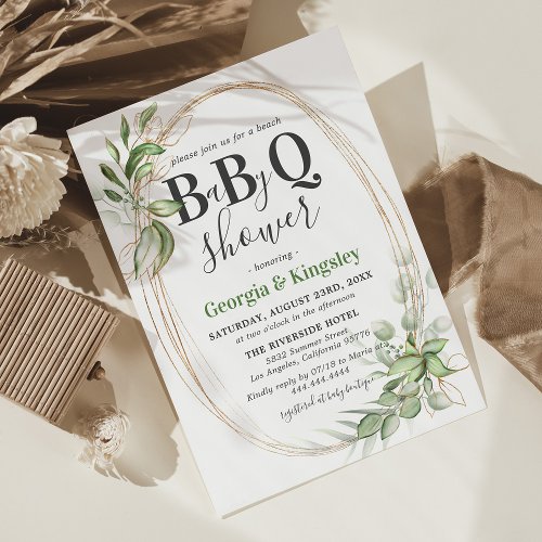 Botanical Greenery Gold BBQ Baby Shower Invitation