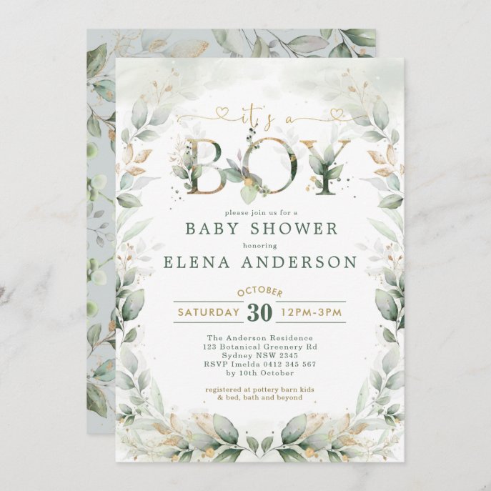 Botanical Greenery Gold Garden Boy Baby Shower Invitation