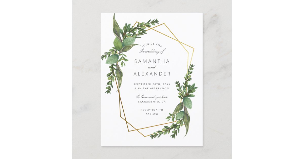 Download Botanical Greenery Gold Geometric Wedding Invitation Postcard Zazzle Com