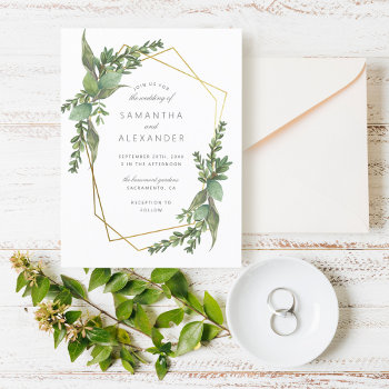 Botanical Greenery & Gold Geometric Wedding Invitation Postcard by Eugene_Designs at Zazzle