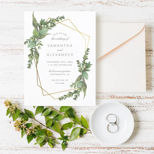 Botanical Greenery & Gold Geometric Wedding Invitation Postcard | Zazzle