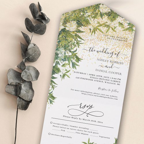 Botanical Greenery Gold Glitter Wedding All In One Invitation