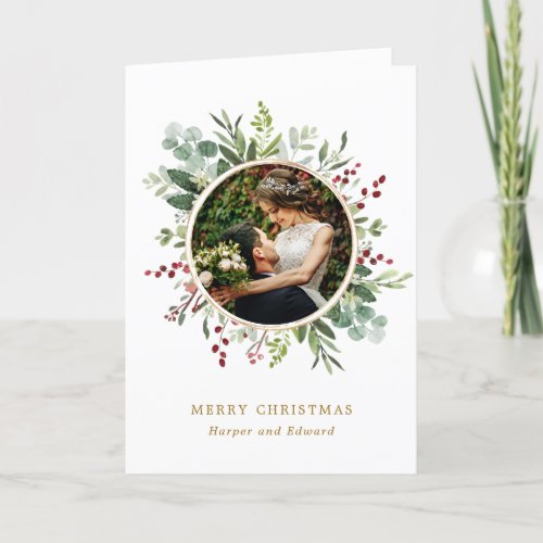 Botanical Greenery Gold Merry Christmas Photo Holiday Card