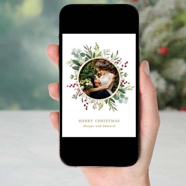 Botanical Greenery Gold Merry Christmas Photo Holiday Card (Front Digital)