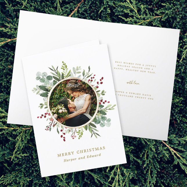Botanical Greenery Gold Merry Christmas Photo Holiday Card (Front & Inside)