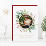 Botanical Greenery Gold Merry Christmas Photo Holiday Card<br><div class="desc">This photo Christmas | Holiday card features painted watercolor eucalyptus,  green leaves,  red berries,  pine branches,  and a faux gold circle frame with optional text on the back. For more advanced customization of this design,  please click the "customize further" link. Matching items are also available.</div>