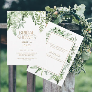 Botanical Greenery Gold Text White Bridal Shower Invitation