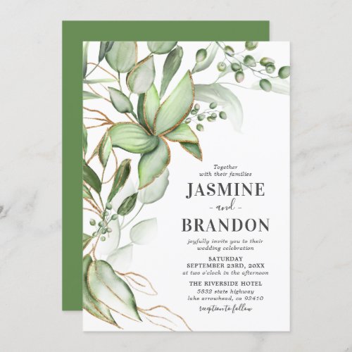 Botanical Greenery Gold Wedding Invitation - Elegant botanical wedding invitation featuring a stylish white background that can be changed to any color, gorgeous lush green watercolor foliage, gold accents, and a modern wedding text template that is easy to personalize.