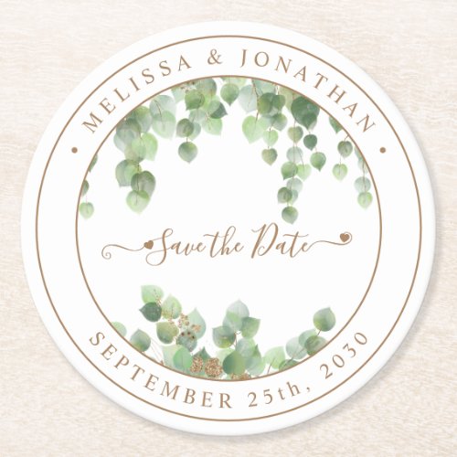 Botanical Greenery Gold Wedding Save The Date Round Paper Coaster