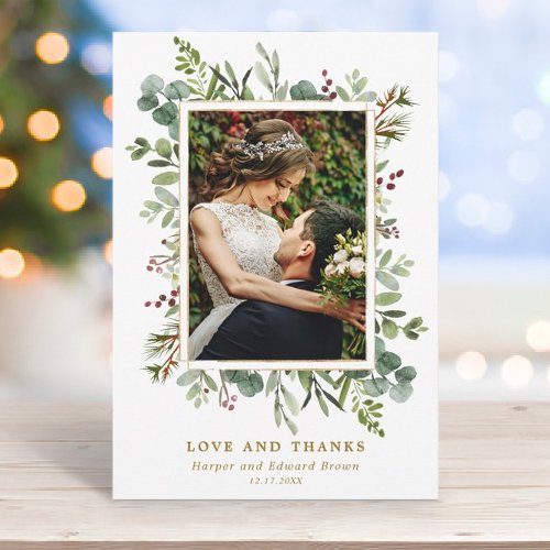 Botanical Greenery Gold Winter Wedding Photo Thank You Card