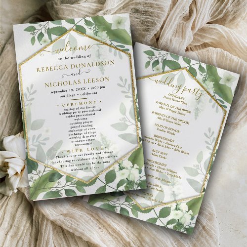 Botanical Greenery Goldish Wedding Program