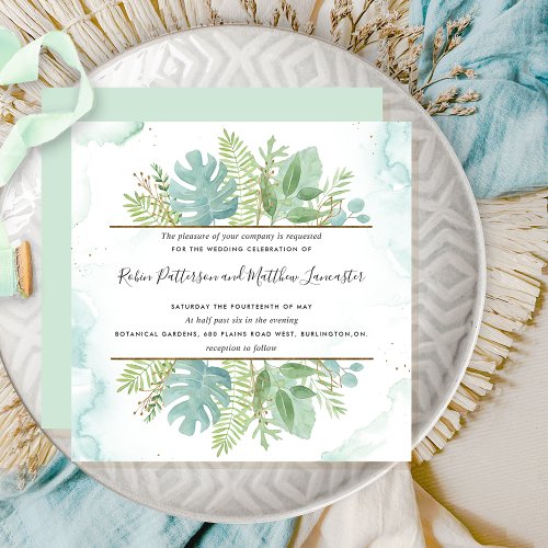 Botanical Greenery Green Blue Watercolor Wedding Invitation