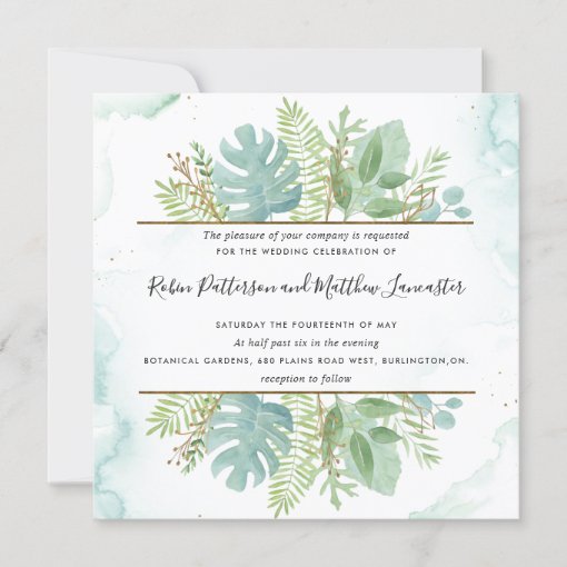 Botanical Greenery, Green Blue Watercolor Wedding Invitation | Zazzle