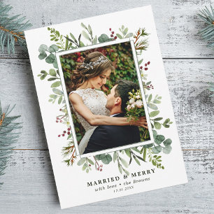 Botanical Greenery Green Married and Merry Photo Holiday Card
