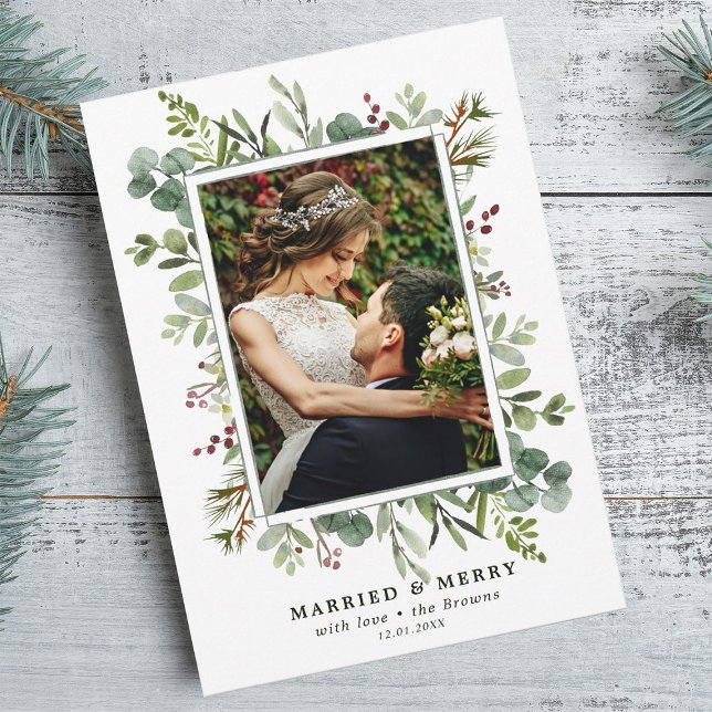 Botanical Greenery Green Married and Merry Photo Holiday Card (Creator Uploaded)