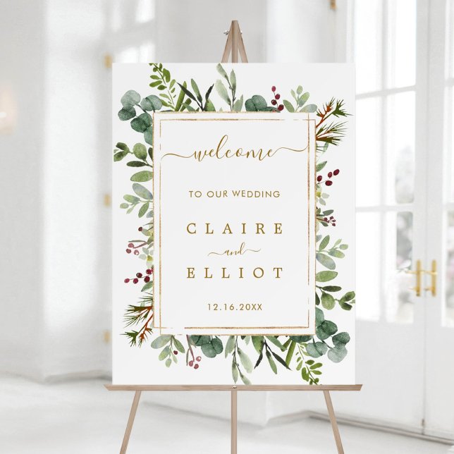 Botanical Greenery Holiday Gold Wedding Welcome Foam Board (Creator Uploaded)