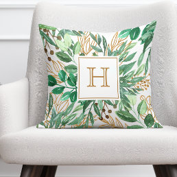 Botanical Greenery Leaf Watercolor Pretty Monogram Throw Pillow