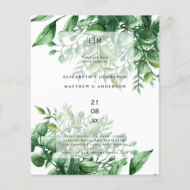 Botanical Greenery Leafy Wedding Invitation Budget (Front)