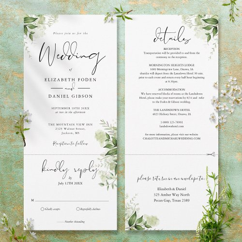 Botanical Greenery Leaves All In One Wedding Invitation