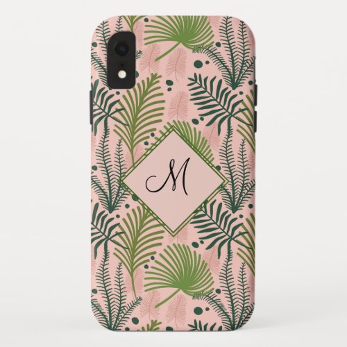 Botanical Greenery Leaves and Monogram Pink iPhone XR Case