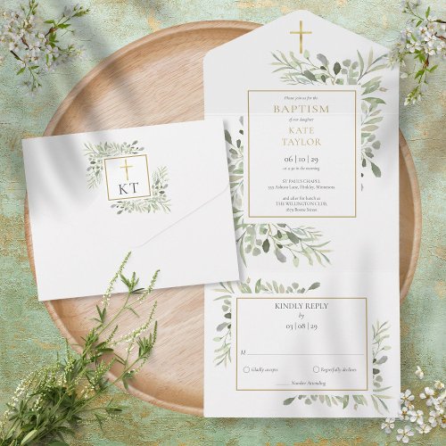 Botanical Greenery Leaves Baptism All In One Invitation