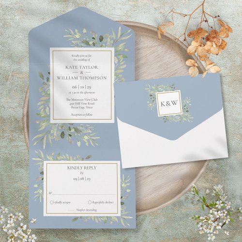 Botanical Greenery Leaves Dusty Blue Wedding All In One Invitation