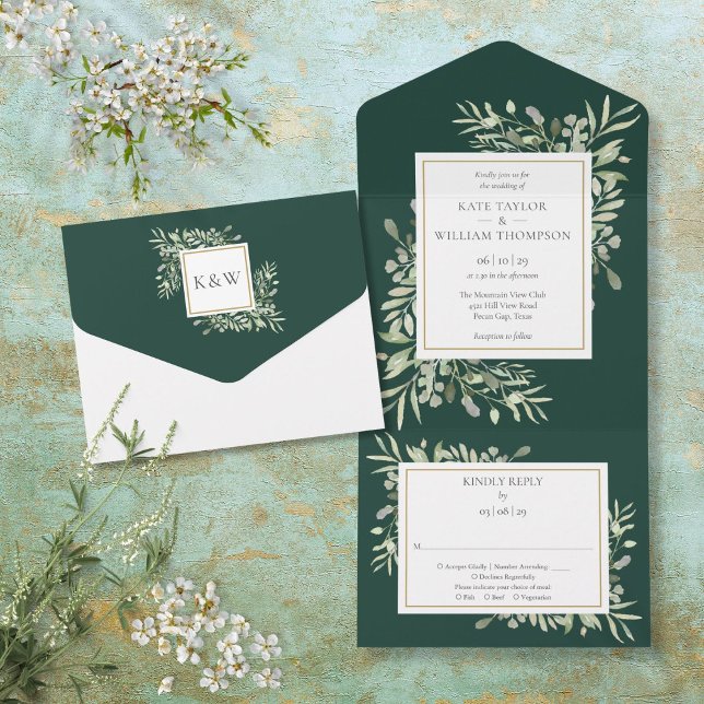 Botanical Greenery Leaves Emerald Wedding All In One Invitation (Botanical Greenery Leaves Emerald Wedding All In One Invitation)