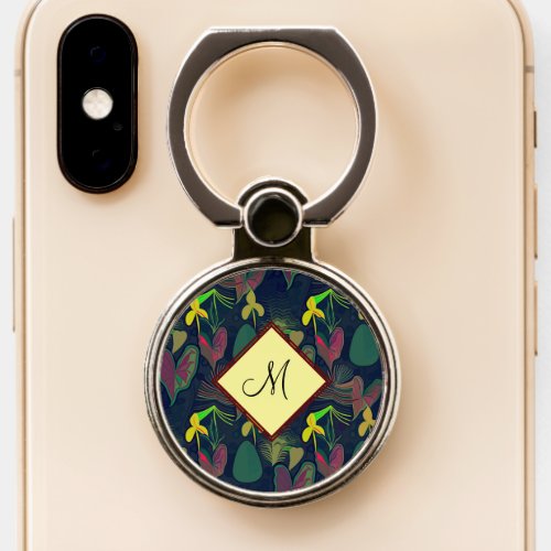 Botanical Greenery Leaves Floral Monogram Yellow Phone Ring Stand