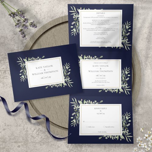 Botanical Greenery Leaves Navy Blue Photo Wedding Tri_Fold Invitation