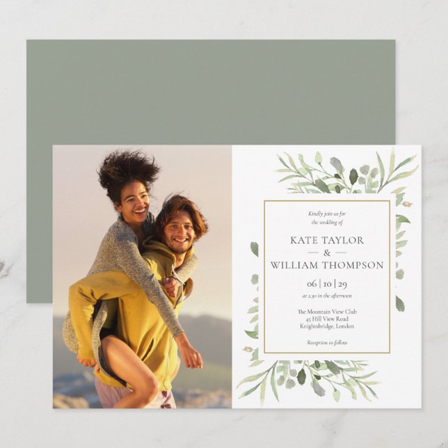 Botanical Greenery Leaves Photo Wedding Invitation (Front/Back)