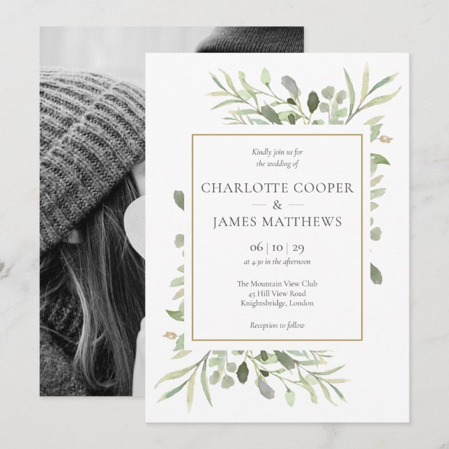 Botanical Greenery Leaves Photo Wedding Invitation (Front/Back)