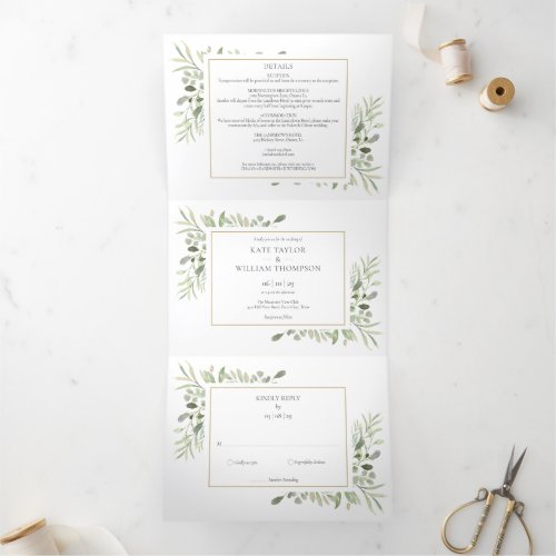 Botanical Greenery Leaves Photo Wedding Tri_Fold Invitation