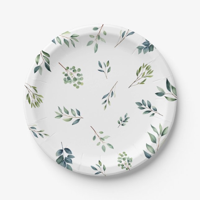 Botanical greenery leaves watercolor Bridal Shower Paper Plates (Front)