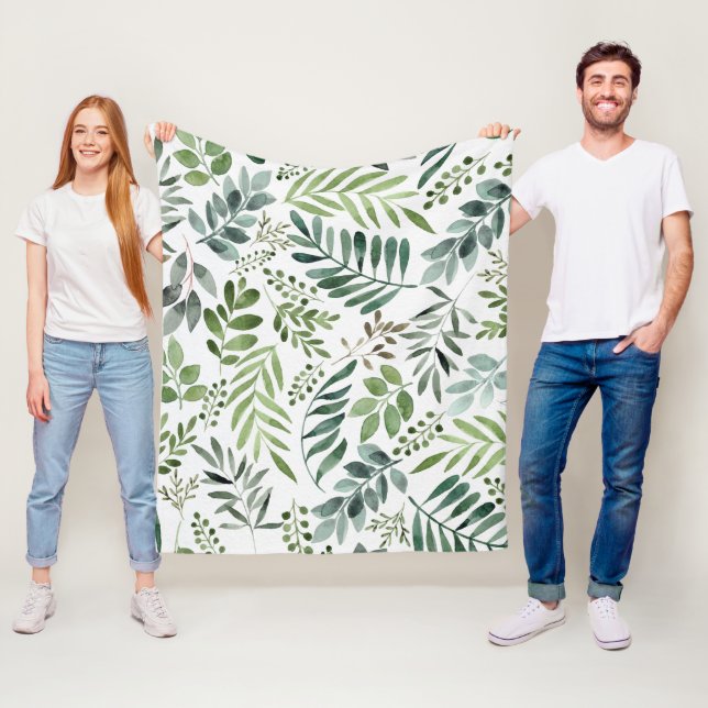 Botanical Greenery Leaves Watercolor  Fleece Blanket (In Situ)