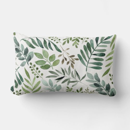 Botanical Greenery Leaves Watercolor   Lumbar Pillow