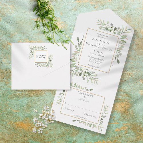 Botanical Greenery Leaves Wedding All In One Invitation