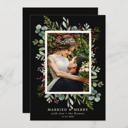 Botanical Greenery Married and Merry Photo Holiday Card