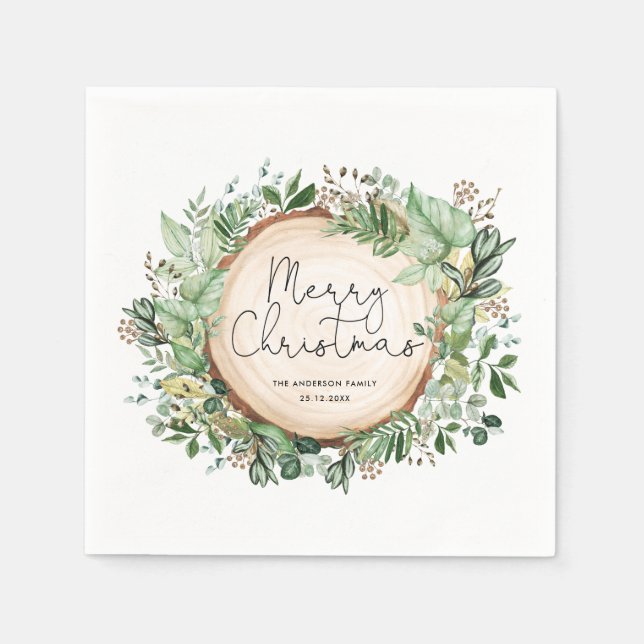 Botanical Greenery Merry Christmas Holiday Party Napkins (Front)