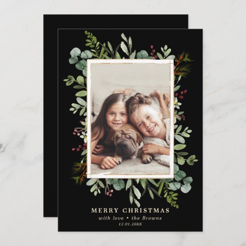 Botanical Greenery Merry Christmas Photo Black Holiday Card