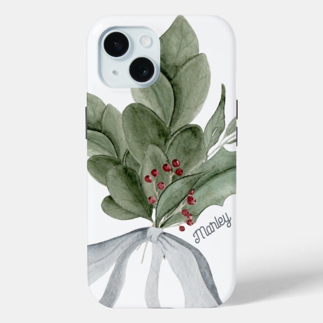 Botanical Greenery Mistletoe Personalized Case-Mate iPhone Case (Back)