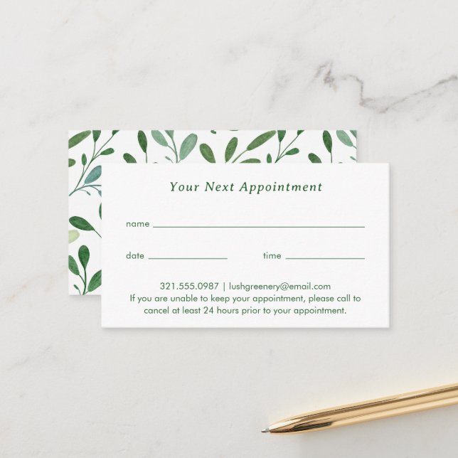 Botanical Greenery Modern Appointment Card (Front/Back In Situ)