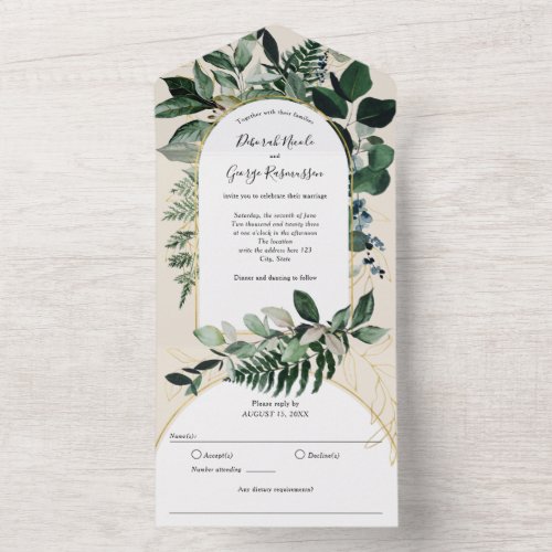 Botanical Greenery Modern Boho Arch Beige Ivory  All In One Invitation