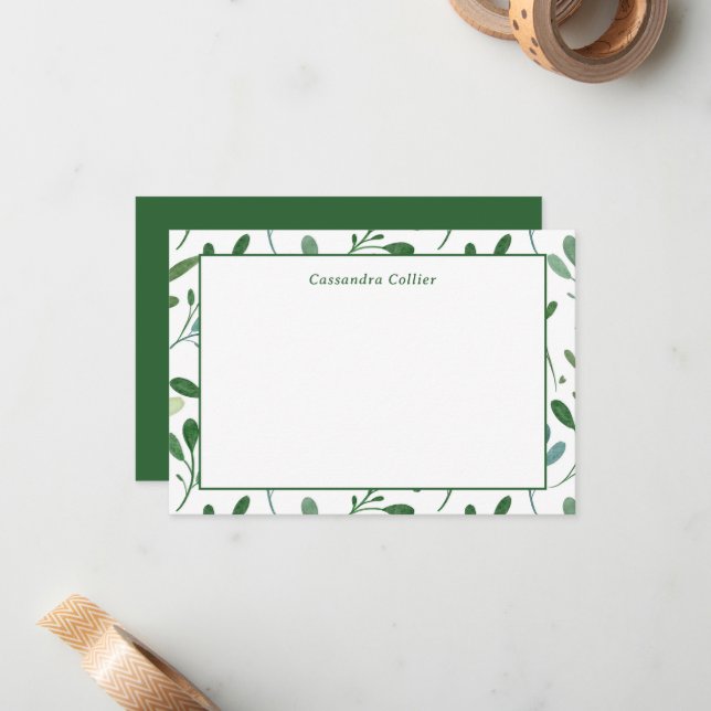 Botanical Greenery Modern Business Note Card (Front/Back In Situ)